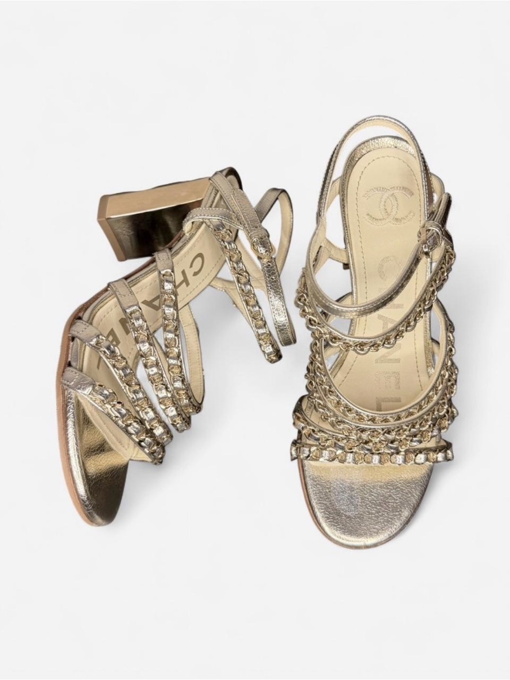Extremely Rare Auth Chanel Metallic Gold and Silver Chain Sandals Chunky Heels